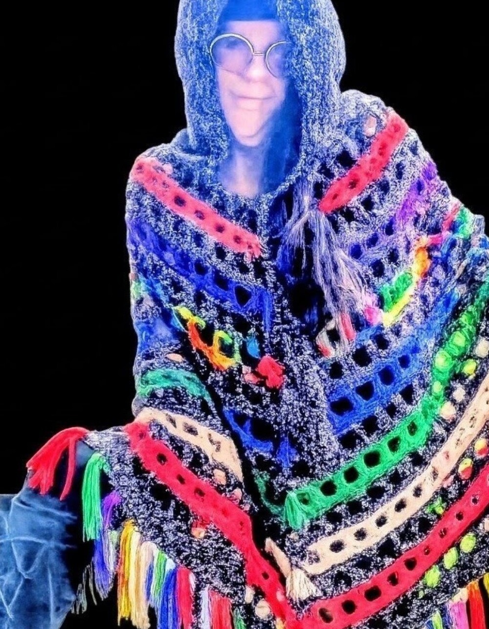 Multicolor Crochet Hooded Poncho with Fringe - Boho Accent